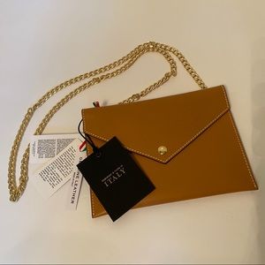 ALBERTA DiCANIO NEW BAG CROSSBODY TAN LEATHER GOLD CHAIN STRAP POUCH NWT